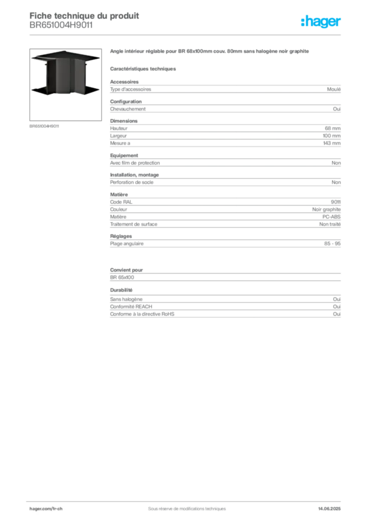 Image Hager Fiche technique du produit BR651004H9011 | Hager Suisse