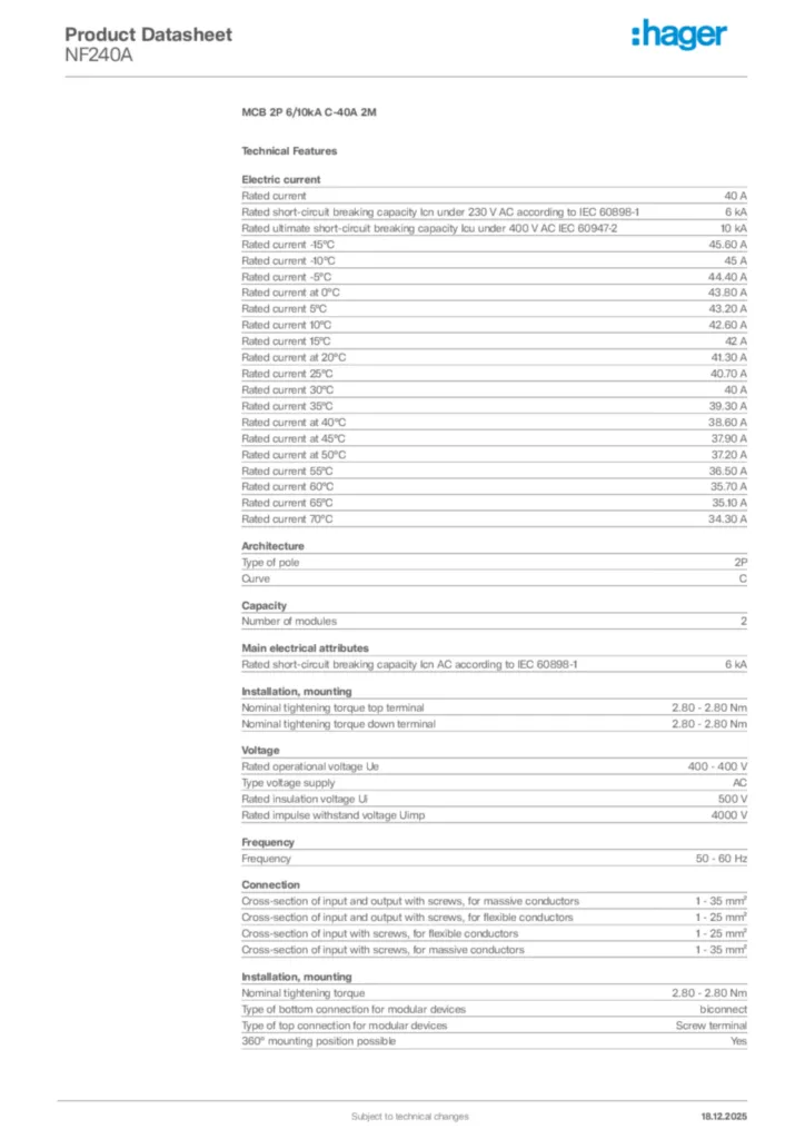 Image Hager Product data sheet NF240A  | Hager Africa