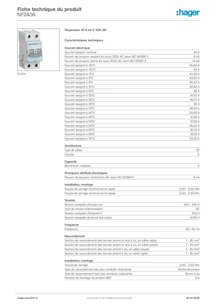 Image Hager Fiche technique du produit NF240A | Hager Afrique