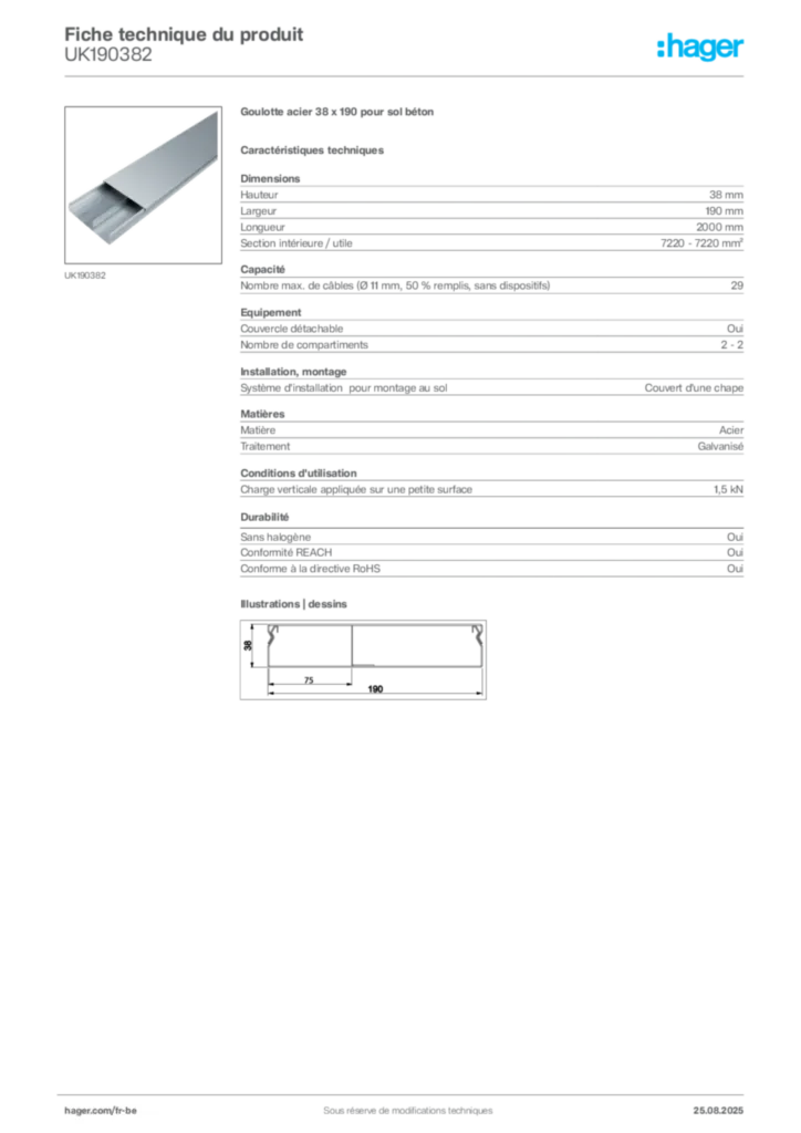 Image Hager Fiche technique du produit UK190382 | Hager Belgique