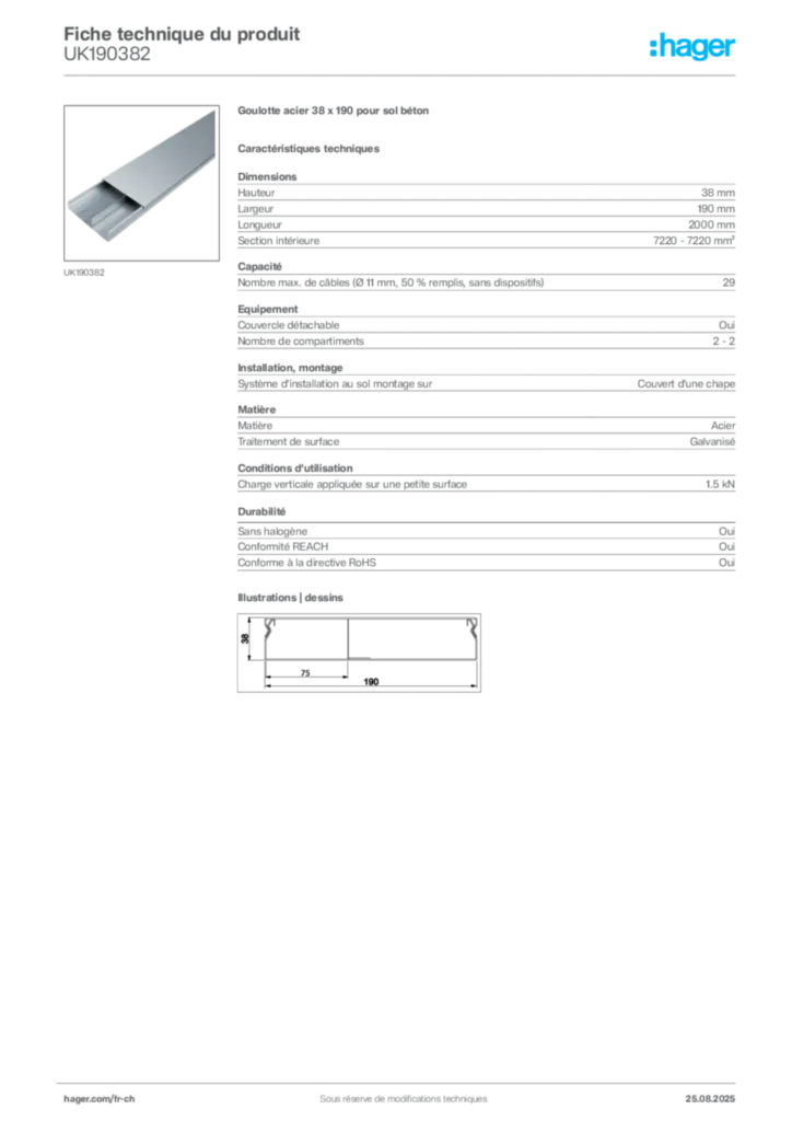 Image Hager Fiche technique du produit UK190382 | Hager Suisse