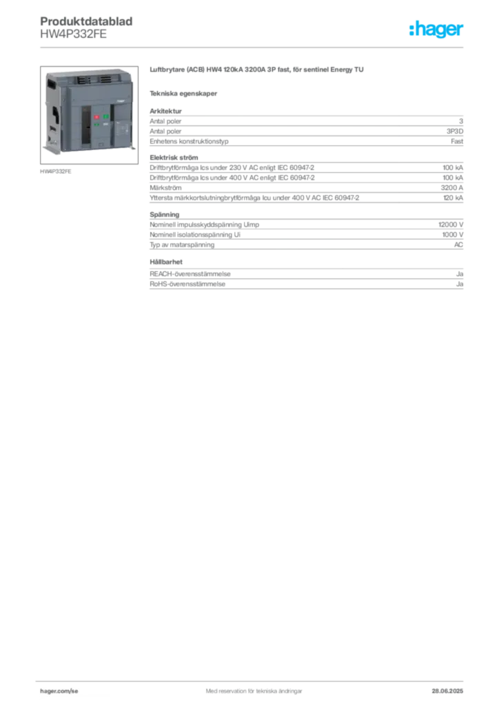 Bild Hager Produktdatablad HW4P332FE | Hager Sverige