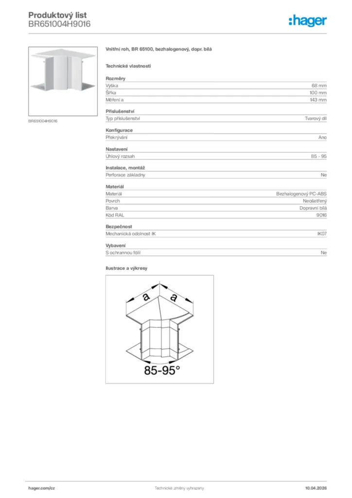 Obrázek Hager Product data sheet BR651004H9016 | Hager