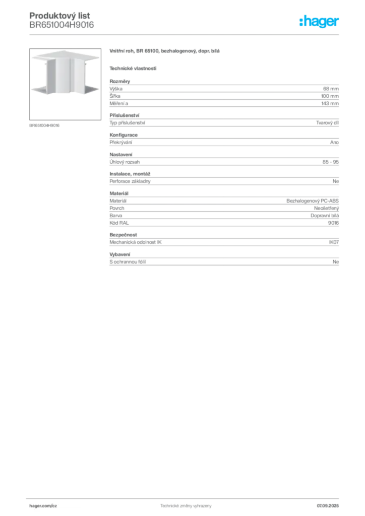 Obrázek Hager Produktový list BR651004H9016 | Hager