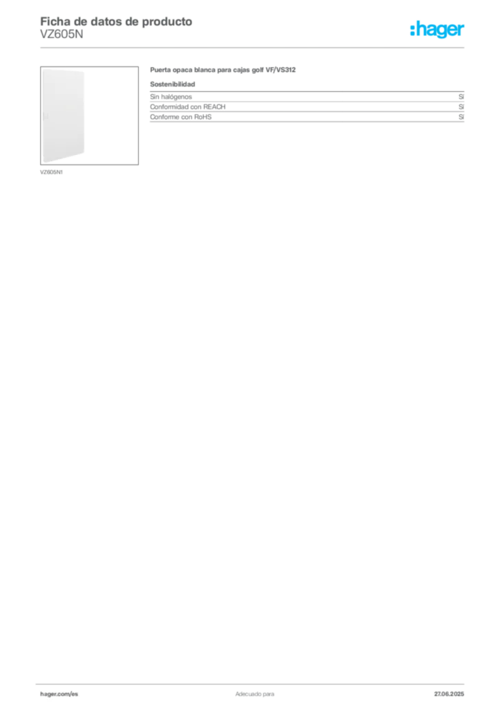 Imagen Hager Ficha de datos de producto VZ605N | Hager España