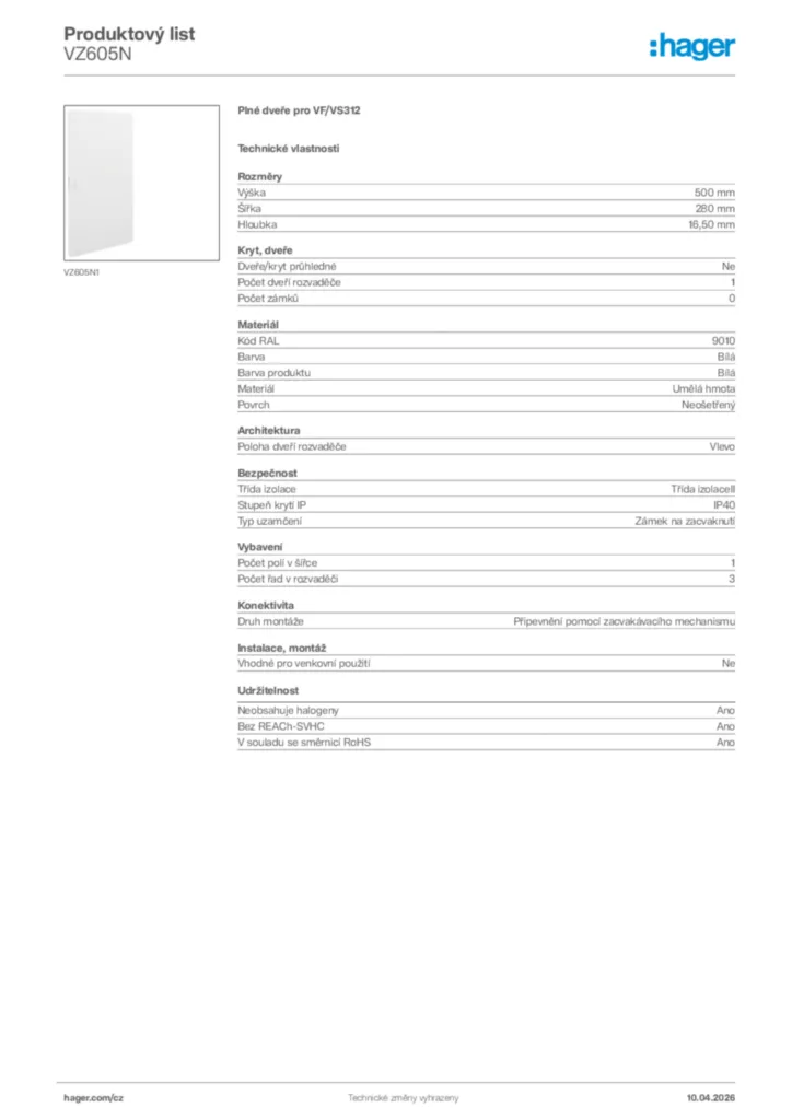 Obrázek Hager Product data sheet VZ605N | Hager