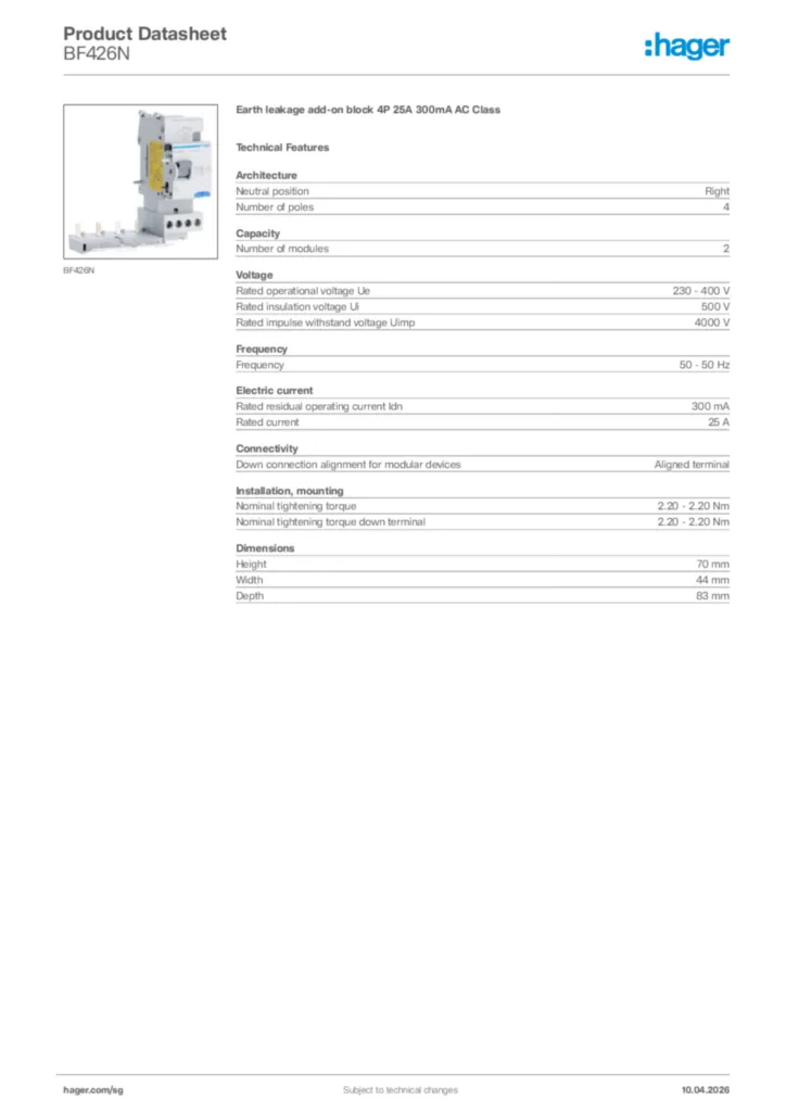 Image Hager Product data sheet BF426N  | Hager