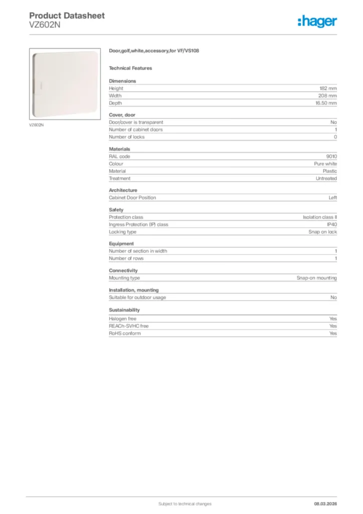 Image Hager Product data sheet VZ602N  | Hager Africa