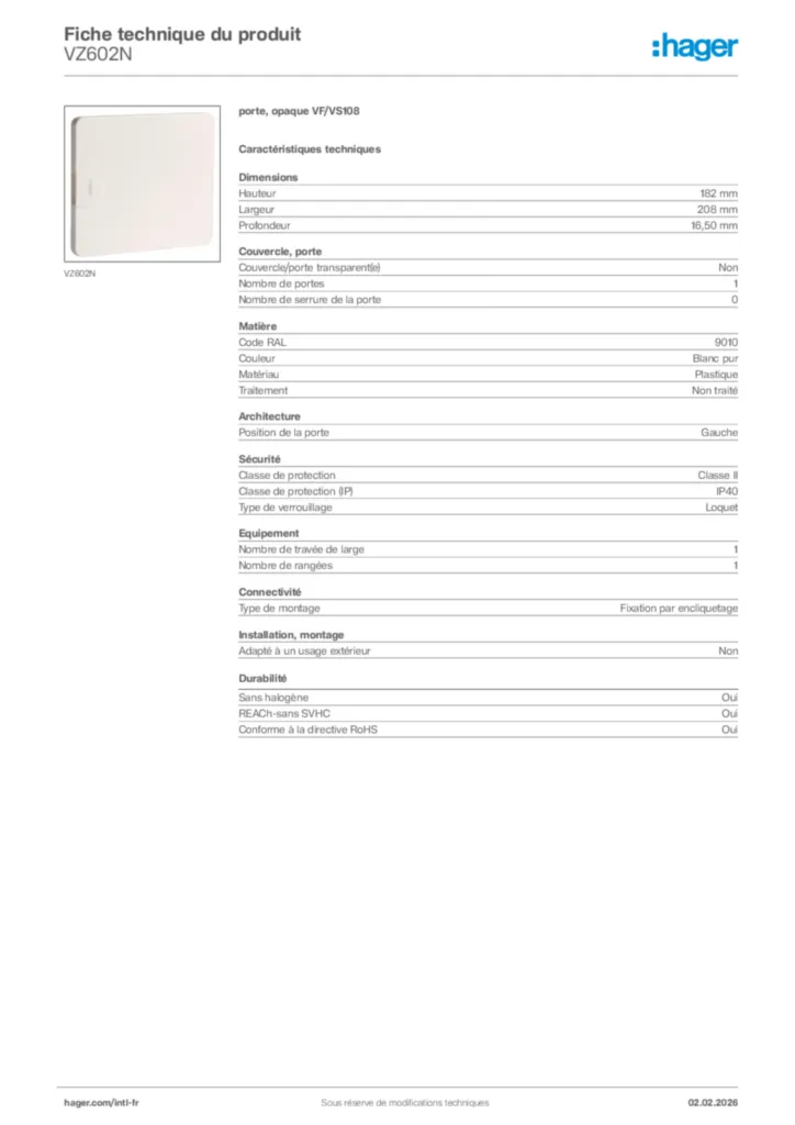 Image Hager Fiche technique du produit VZ602N | Hager Afrique