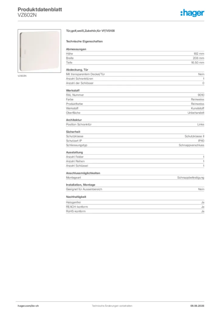 Bild Hager Produktdatenblatt VZ602N | Hager Schweiz