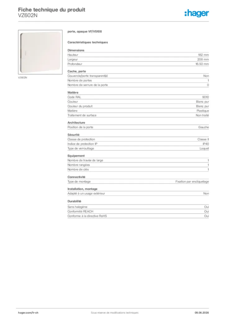 Image Hager Fiche technique du produit VZ602N | Hager Suisse