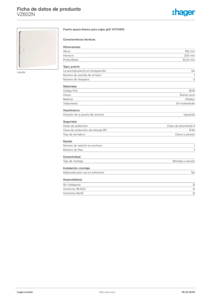 Imagen Hager Ficha de datos de producto VZ602N | Hager España