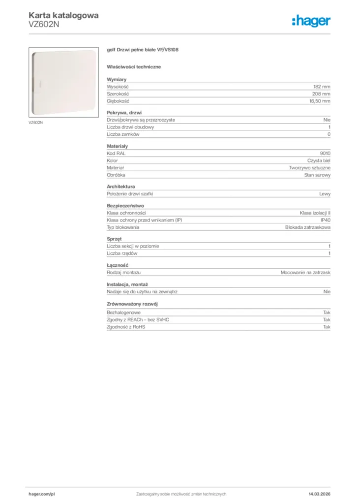 Zdjęcie Hager Karta katalogowa VZ602N | Hager Polska