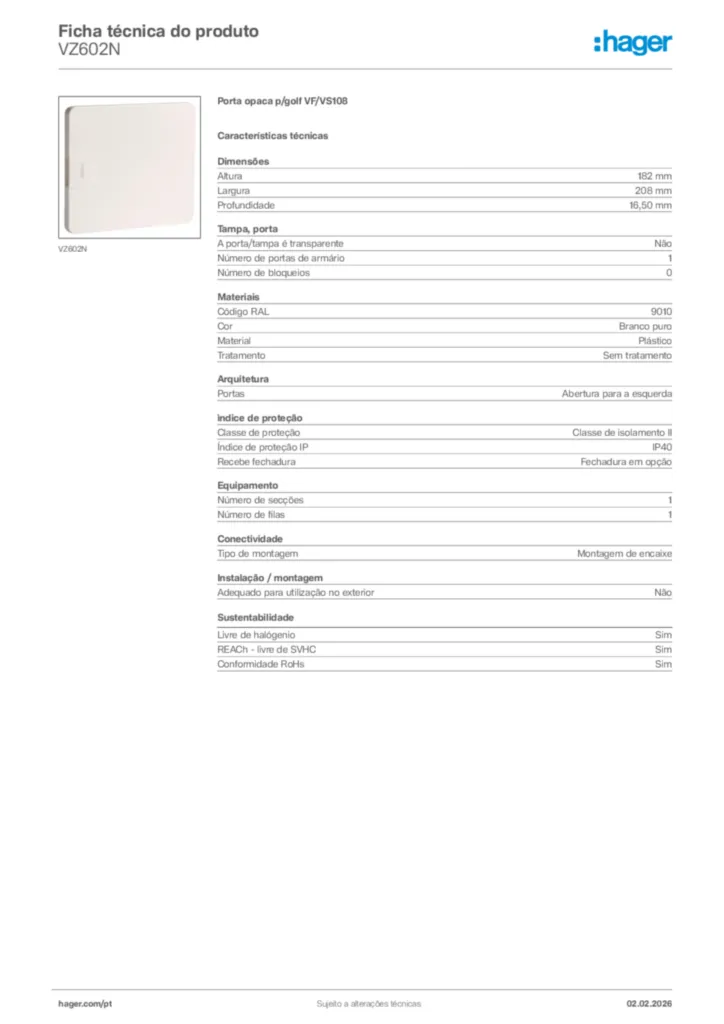 Imagem Hager Ficha técnica do produto VZ602N | Hager Portugal