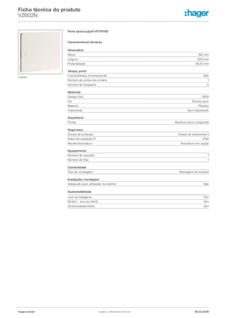 Imagem Hager Ficha técnica do produto VZ602N | Hager Portugal