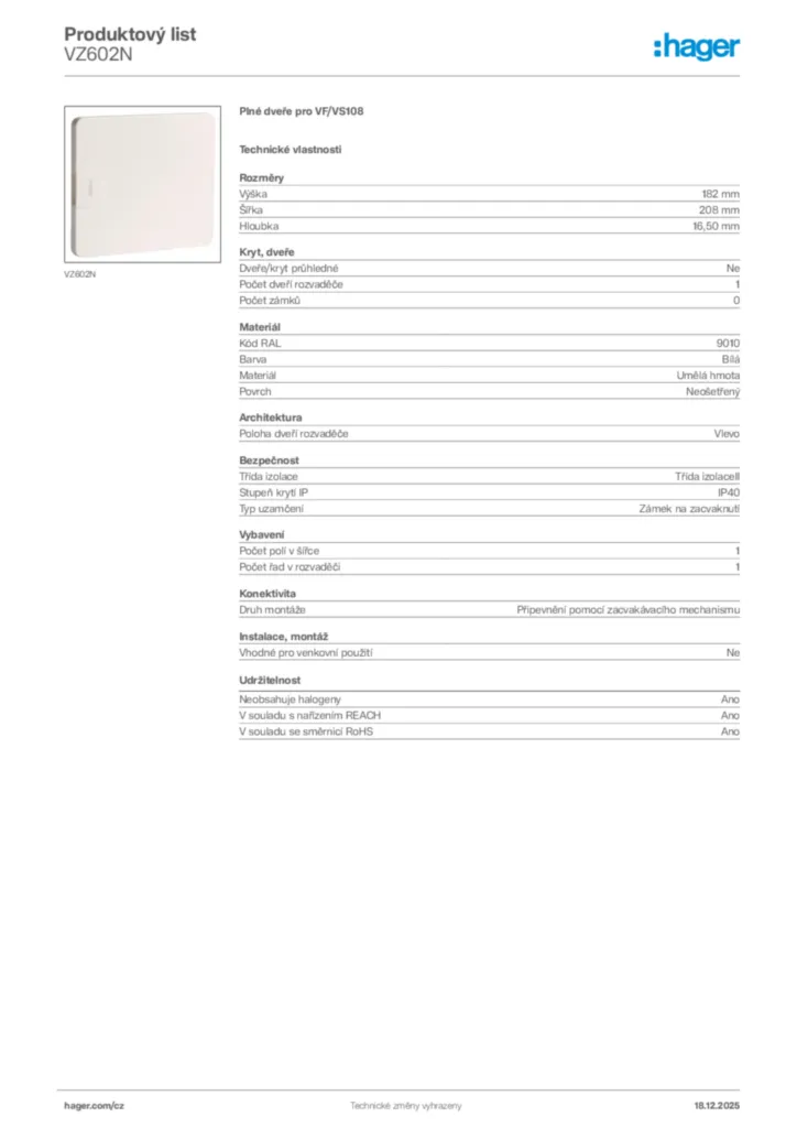Obrázek Hager Produktový list VZ602N | Hager