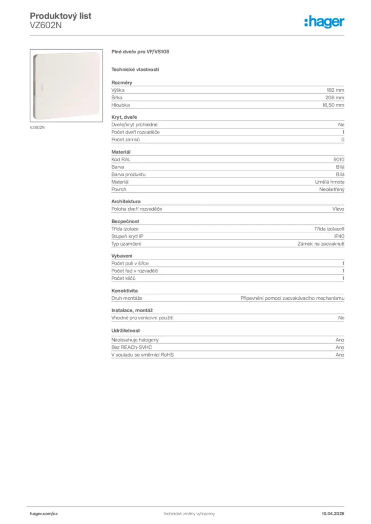Obrázek Hager Product data sheet VZ602N | Hager