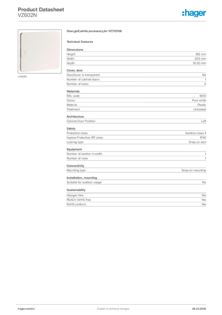 Image Hager Product data sheet VZ602N  | Hager New Zealand