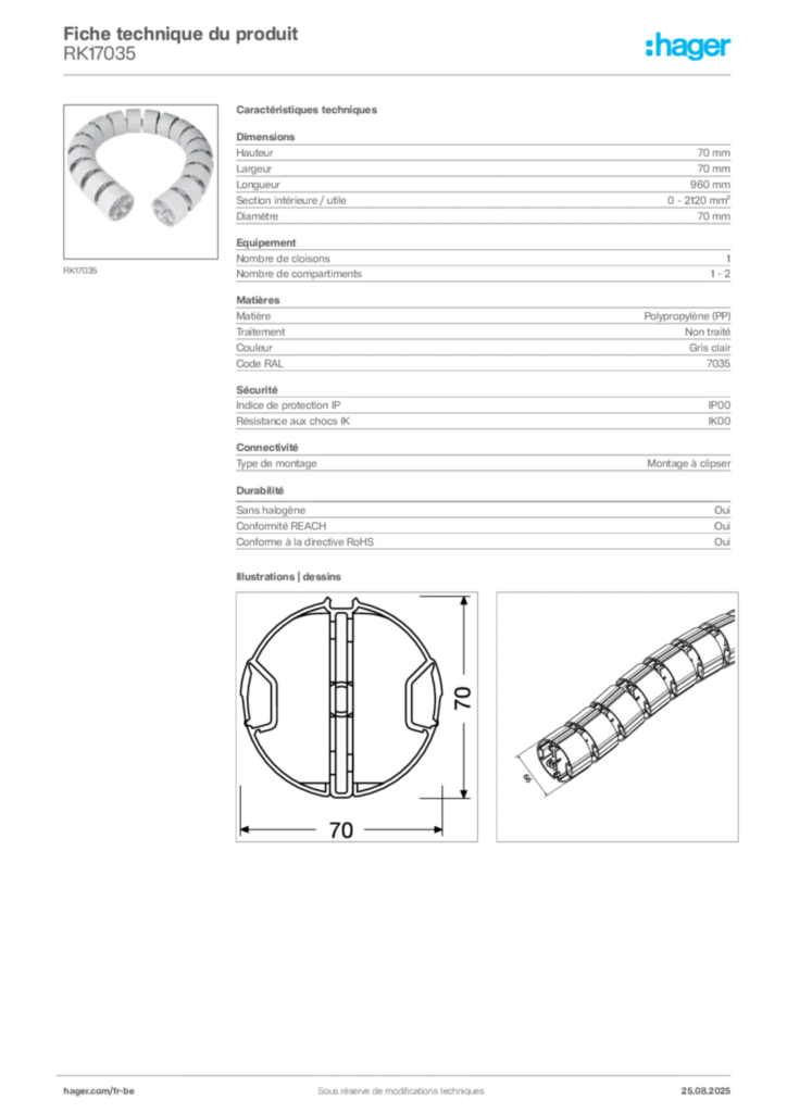Image Hager Fiche technique du produit RK17035 | Hager Belgique