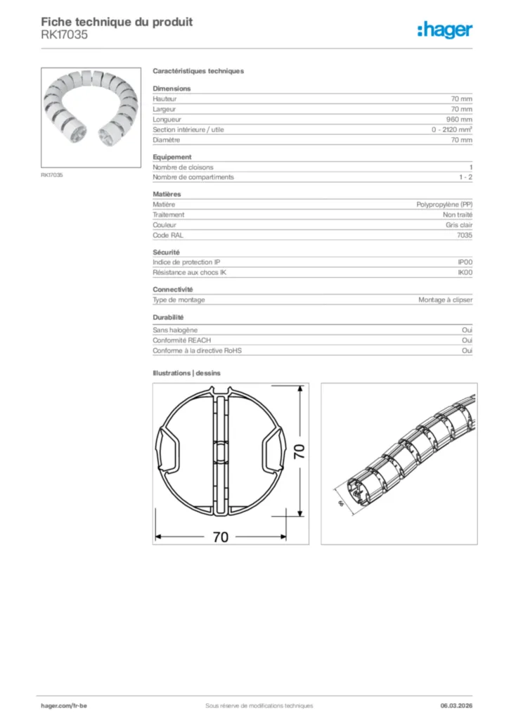 Image Hager Fiche technique du produit RK17035 | Hager Belgique