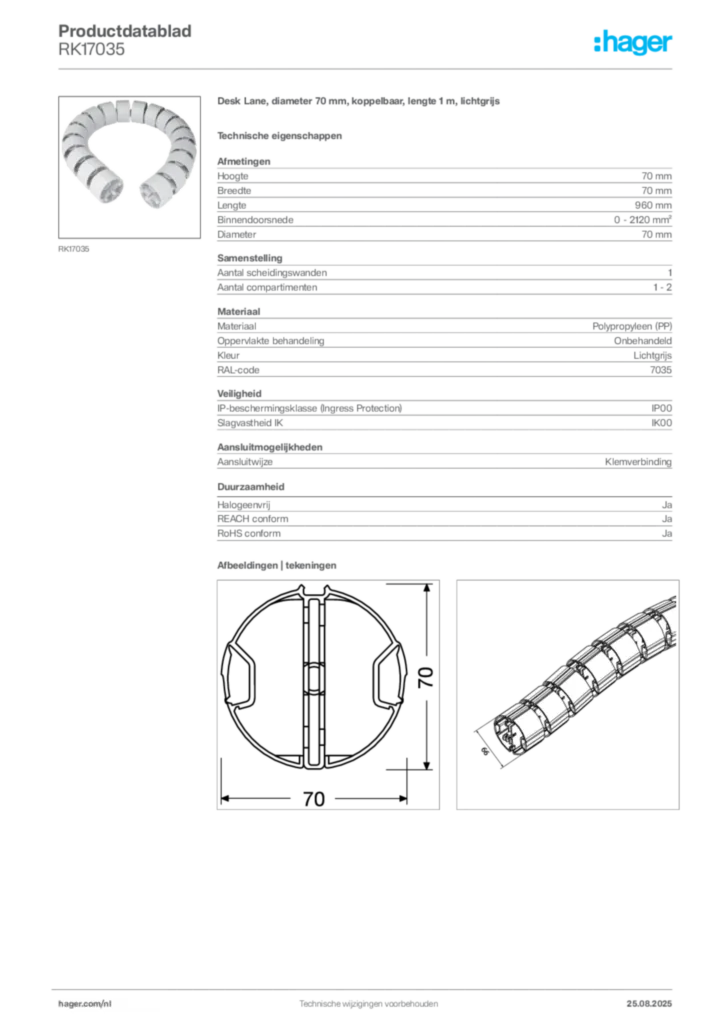 Afbeelding Hager Productdatablad RK17035 | Hager Nederland