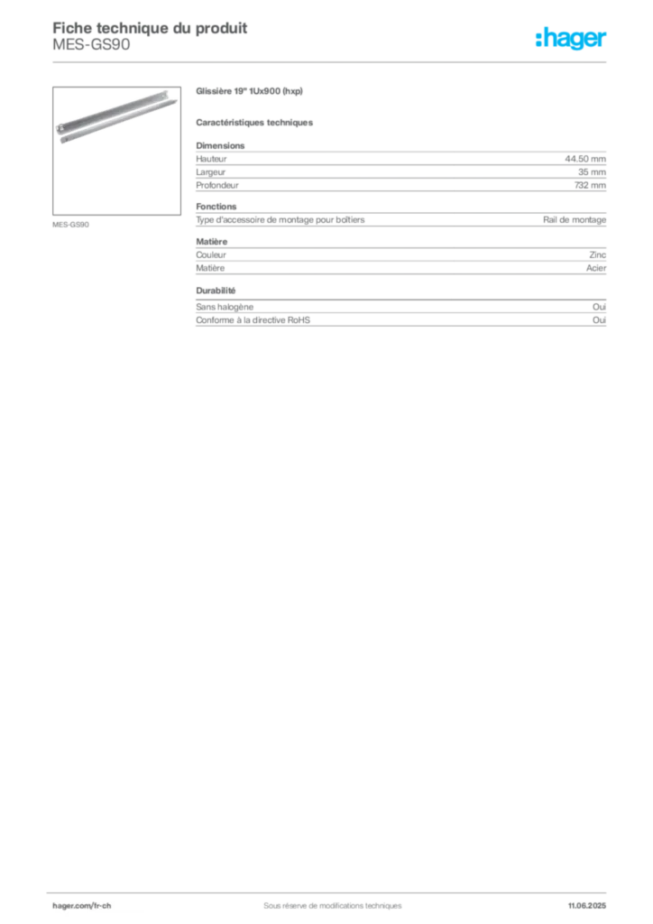 Image Hager Fiche technique du produit MES-GS90 | Hager Suisse