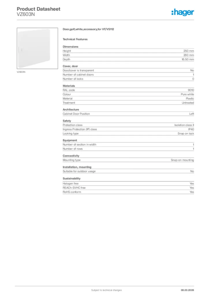 Image Hager Product data sheet VZ603N  | Hager Africa