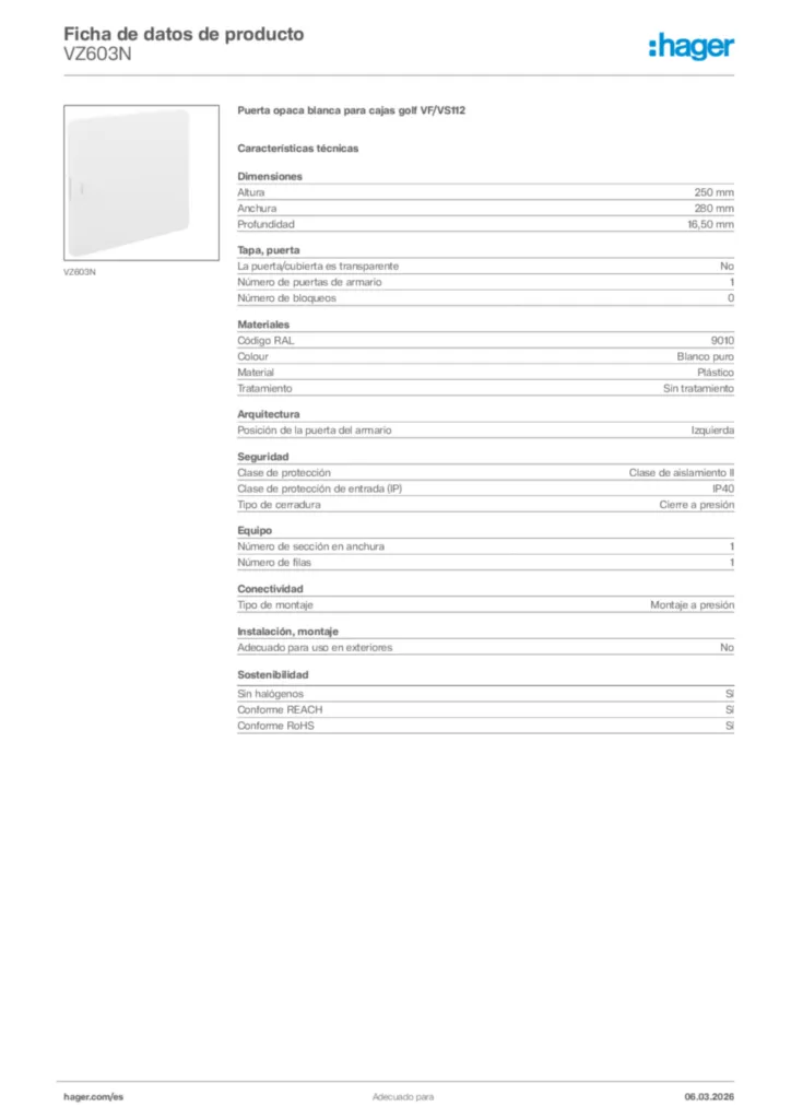 Imagen Hager Ficha de datos de producto VZ603N | Hager España
