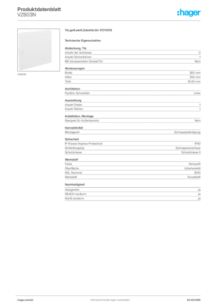 Bild Hager Produktdatenblatt VZ603N | Hager Deutschland