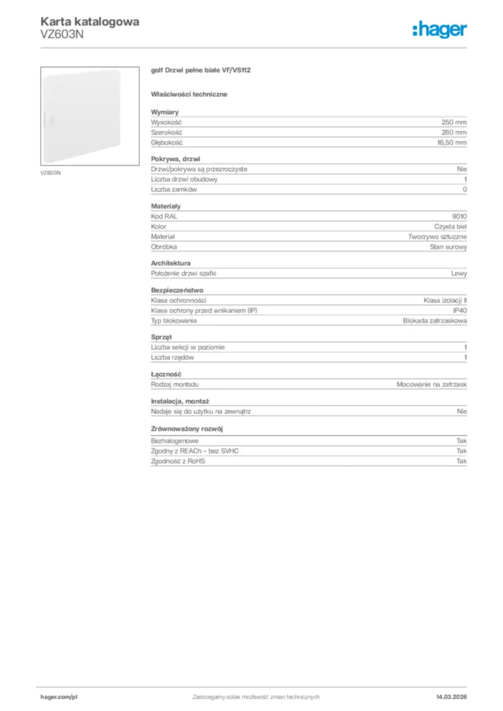 Zdjęcie Hager Karta katalogowa VZ603N | Hager Polska