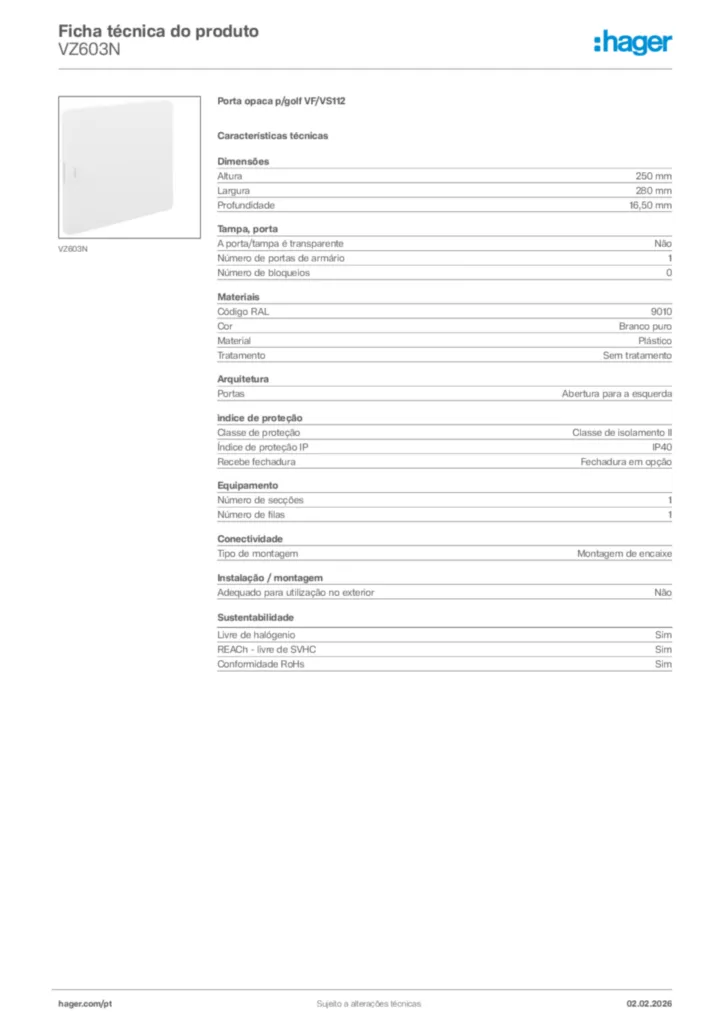 Imagem Hager Ficha técnica do produto VZ603N | Hager Portugal