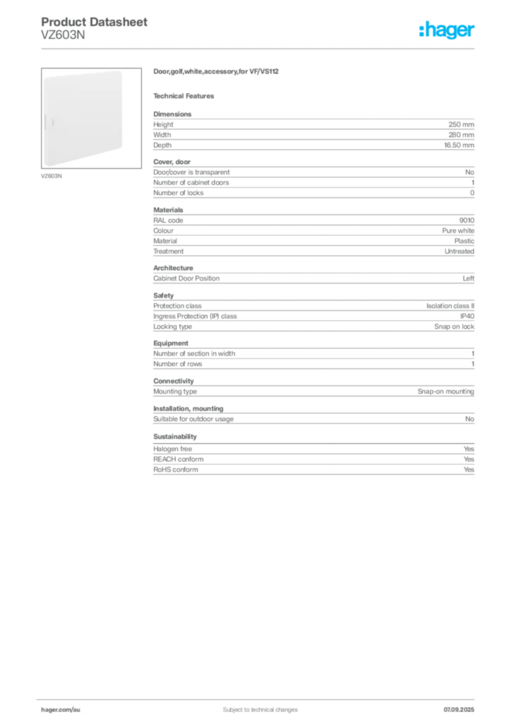 Image Hager Product data sheet VZ603N  | Hager Australia