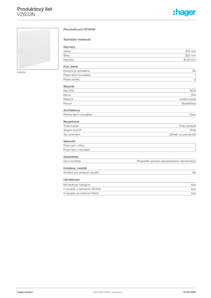 Obrázek Hager Produktový list VZ603N | Hager