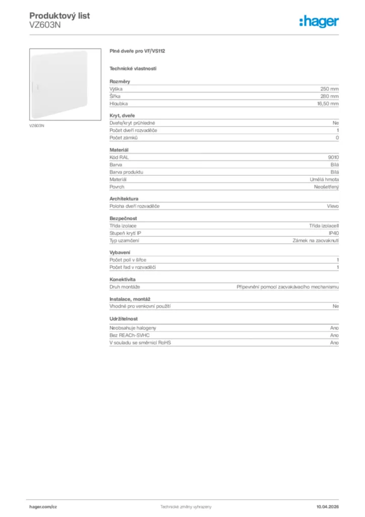 Obrázek Hager Product data sheet VZ603N | Hager