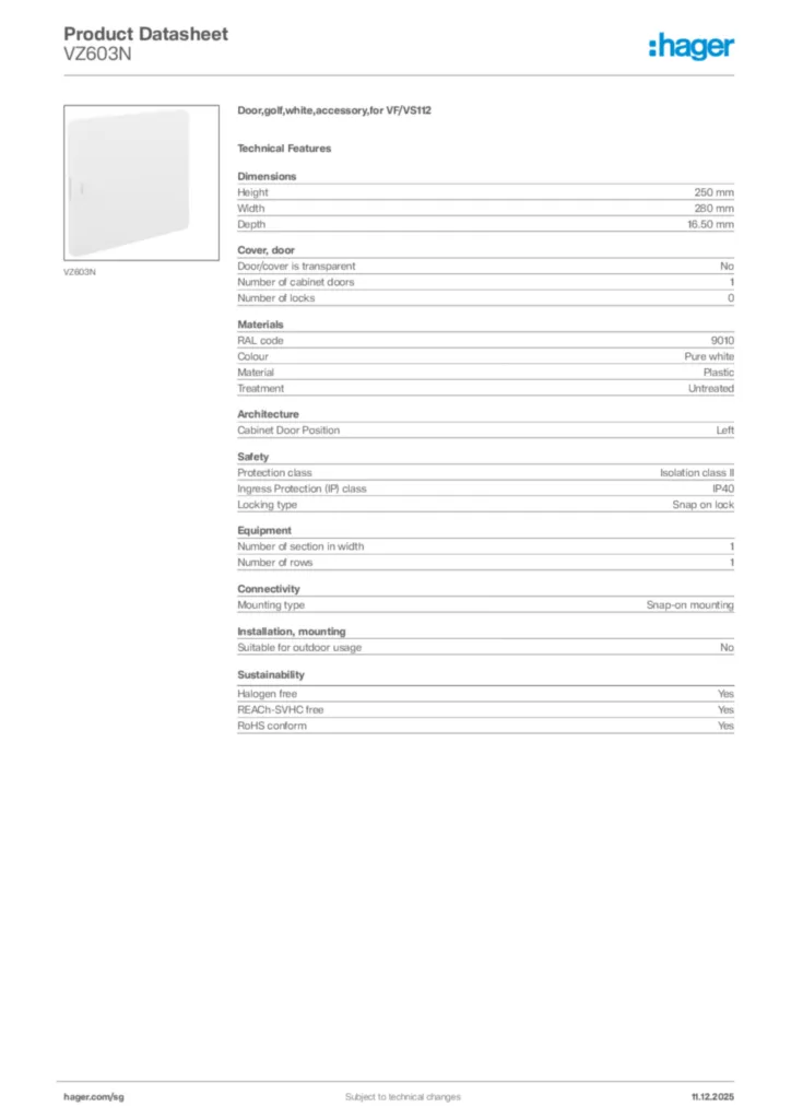 Image Hager Product data sheet VZ603N  | Hager