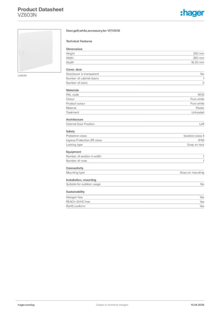Image Hager Product data sheet VZ603N  | Hager