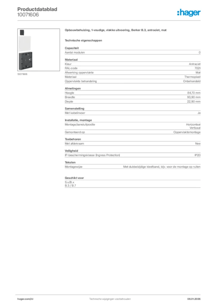 Afbeelding Hager Productdatablad 10071606 | Hager Nederland