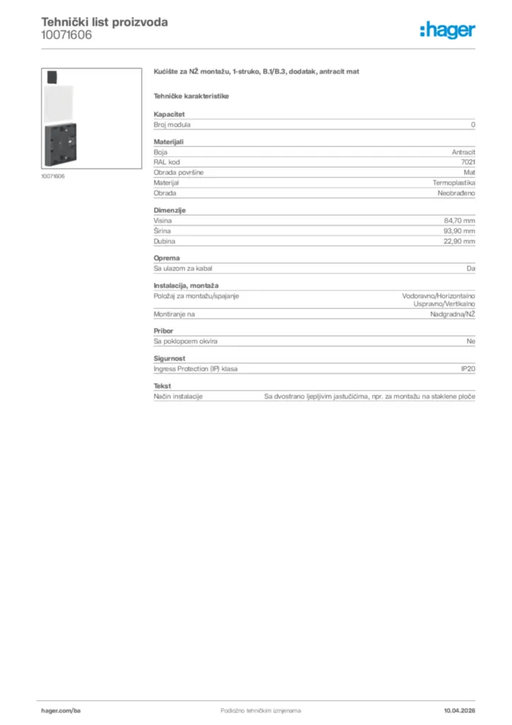 Slika Hager Tehnički list proizvoda 10071606  | Hager