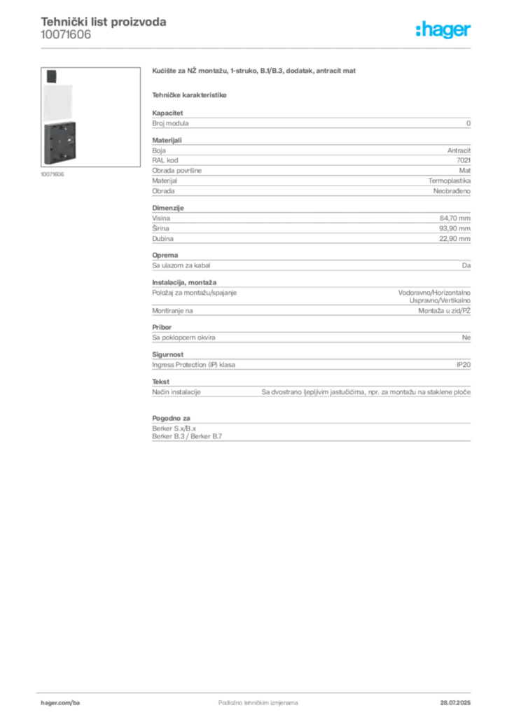 Slika Hager Product data sheet 10071606  | Hager