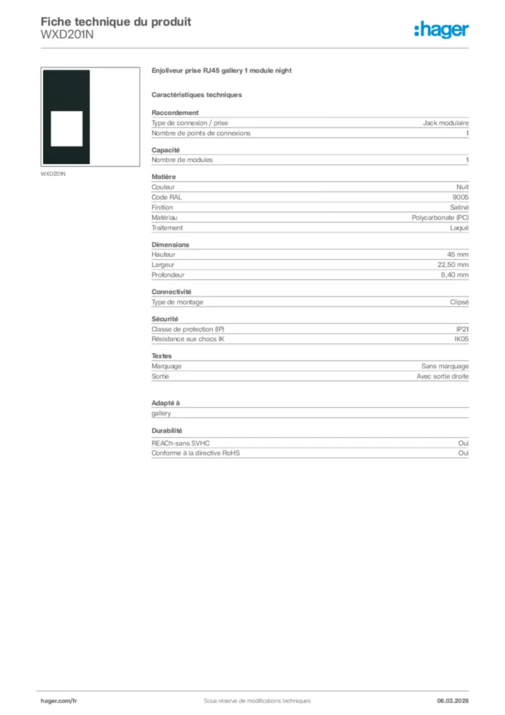 Image Hager Fiche technique du produit WXD201N | Hager France