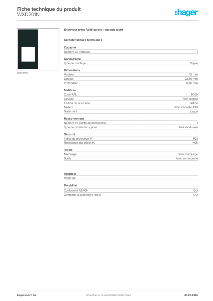 Image Hager Fiche technique du produit WXD201N | Hager Belgique