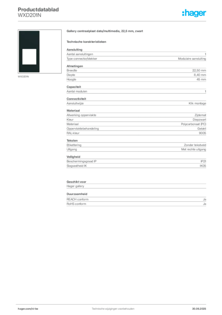 Afbeelding Hager Productdatablad WXD201N | Hager Belgium