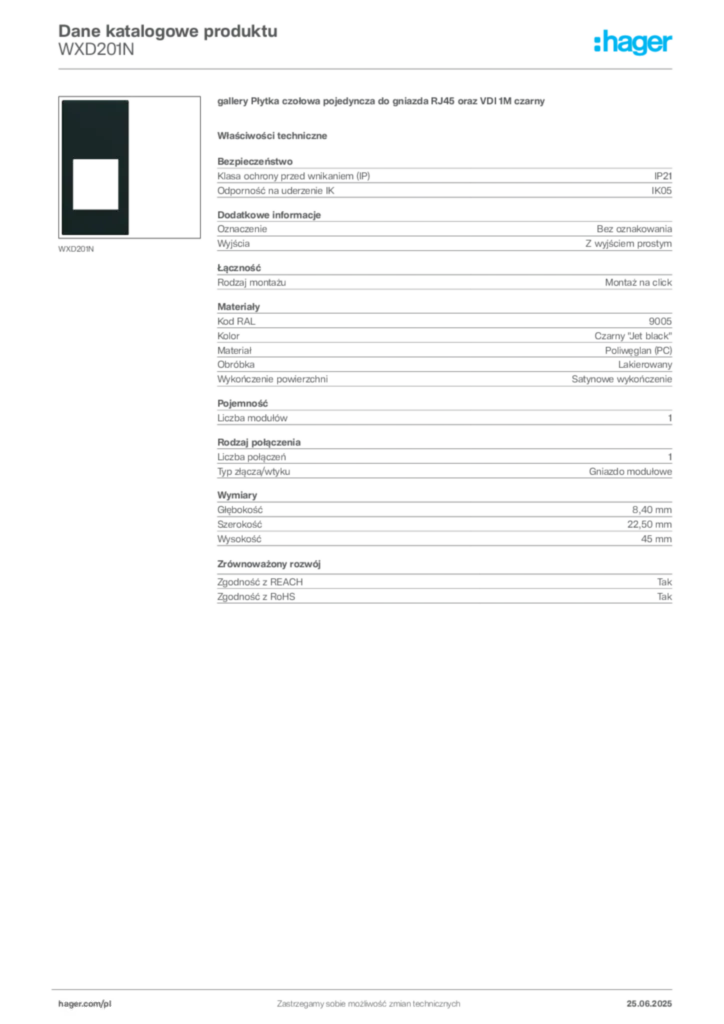Zdjęcie Hager Karta katalogowa WXD201N | Hager Polska