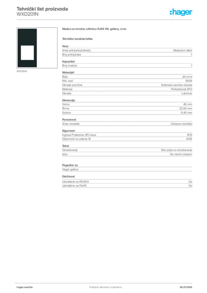 Slika Hager Product data sheet WXD201N  | Hager