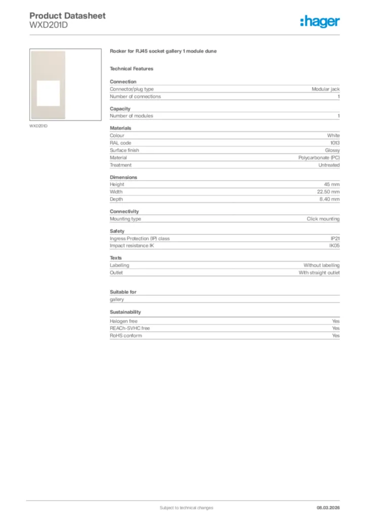 Image Hager Product data sheet WXD201D  | Hager Africa