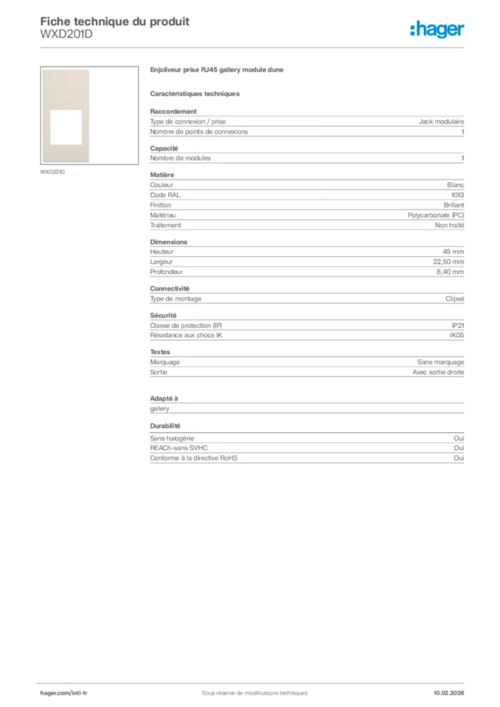 Image Hager Fiche technique du produit WXD201D | Hager Afrique