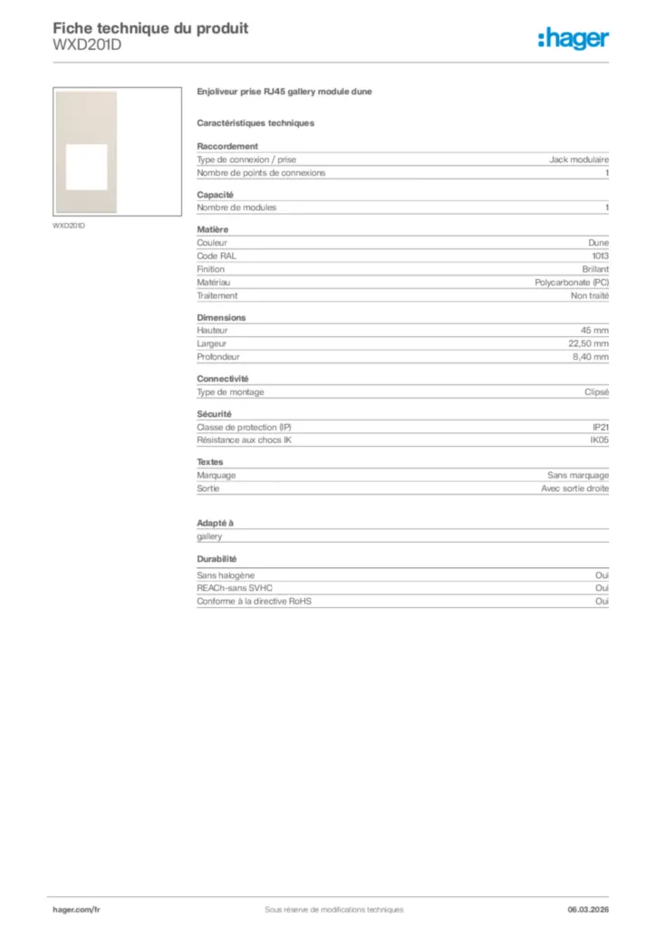 Image Hager Fiche technique du produit WXD201D | Hager France