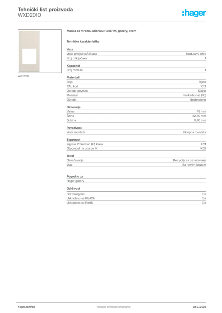 Slika Hager Product data sheet WXD201D  | Hager