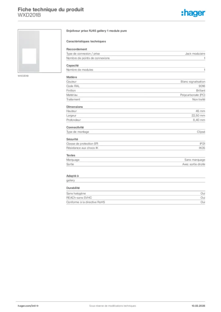 Image Hager Fiche technique du produit WXD201B | Hager Afrique