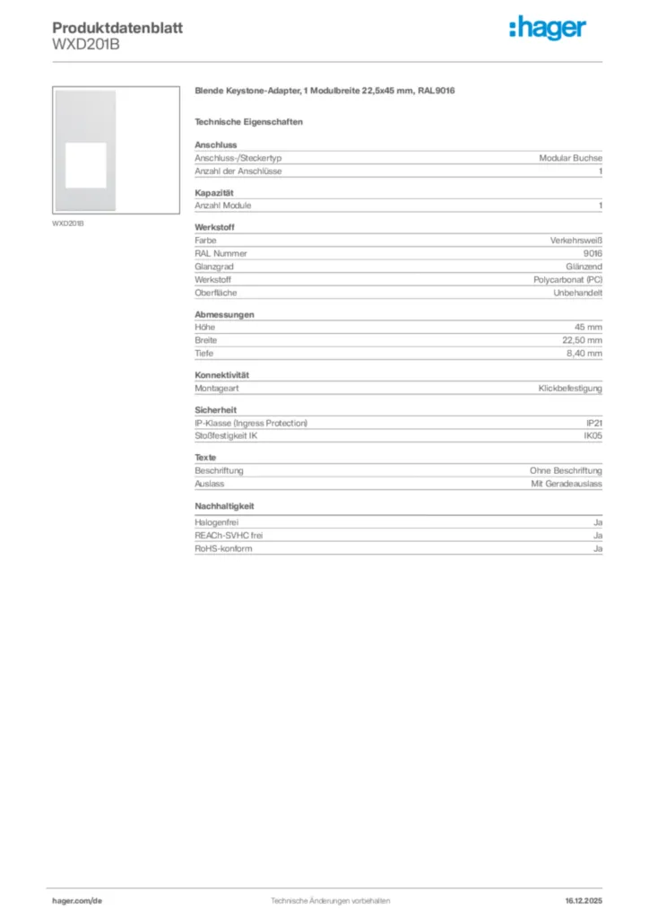 Bild Hager Produktdatenblatt WXD201B | Hager Deutschland